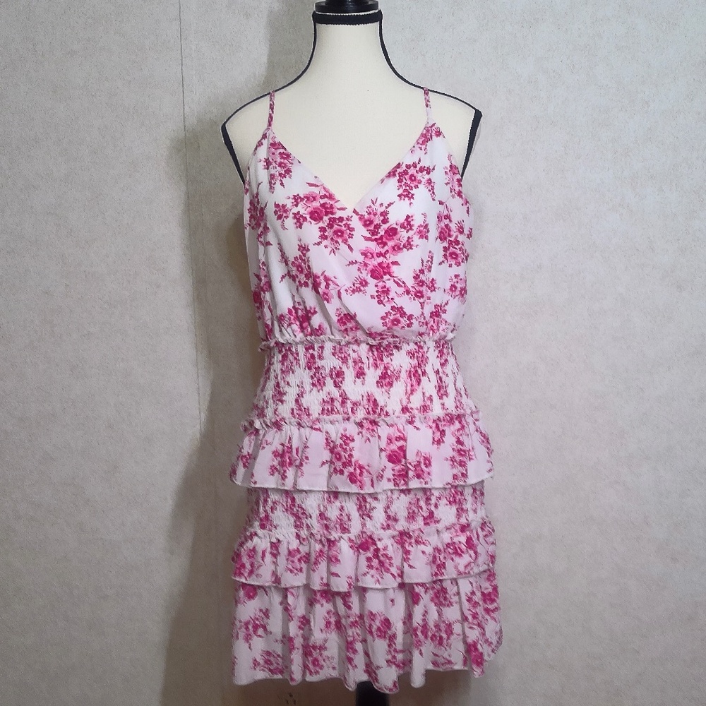 NWOT ROW A Floral Print, Straps, Ruffles, Lined Mini Dress Size Medium